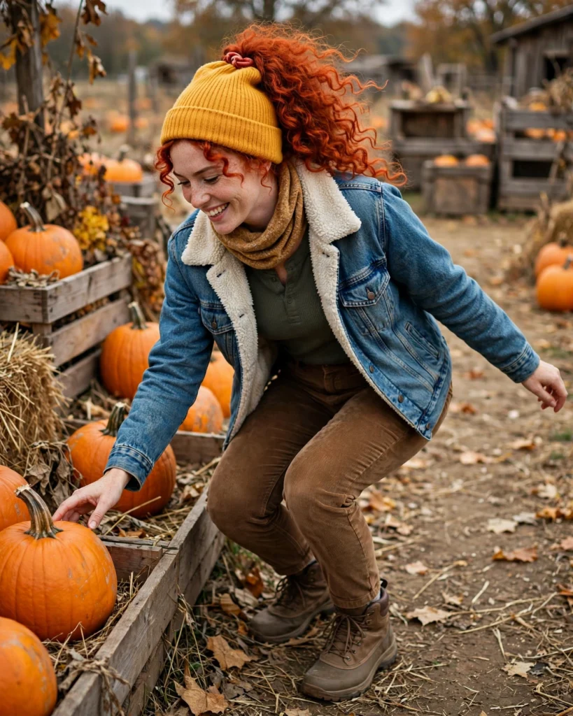 Sherpa-Lined Denim Jacket with a Thermal Henley Cold Pumpkin Patch Outfit