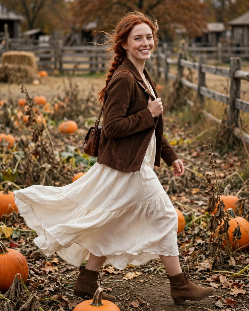 Suede Jacket with a Flowy Dress Pumpkin Patch Outfit