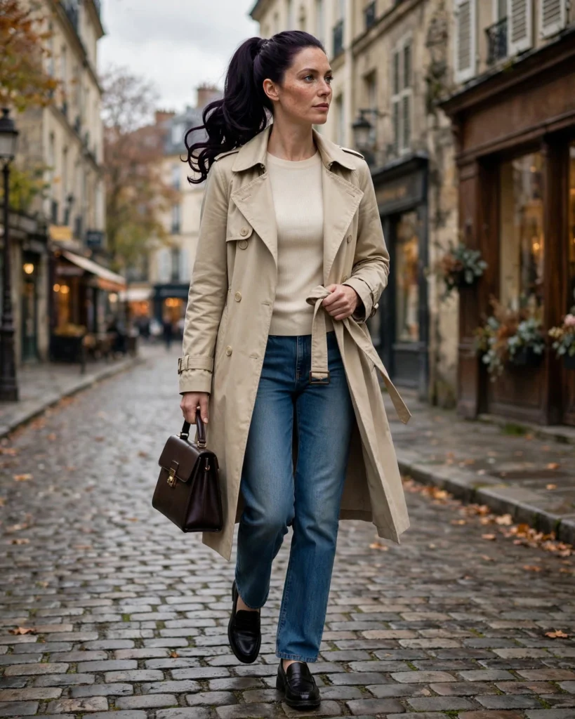 Trench Coat with Straight-Leg Jeans Fall Outfit for Women in Their 30s