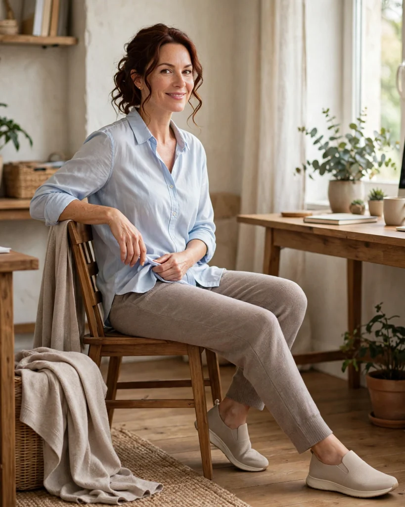 20 Fall Mom Outfits 2026: Cozy, Chic & Casual Ideas 7 Work-from-Home Mom Outfit with Knit Pants and a Button-Down Shirt Fall Mom Outfit