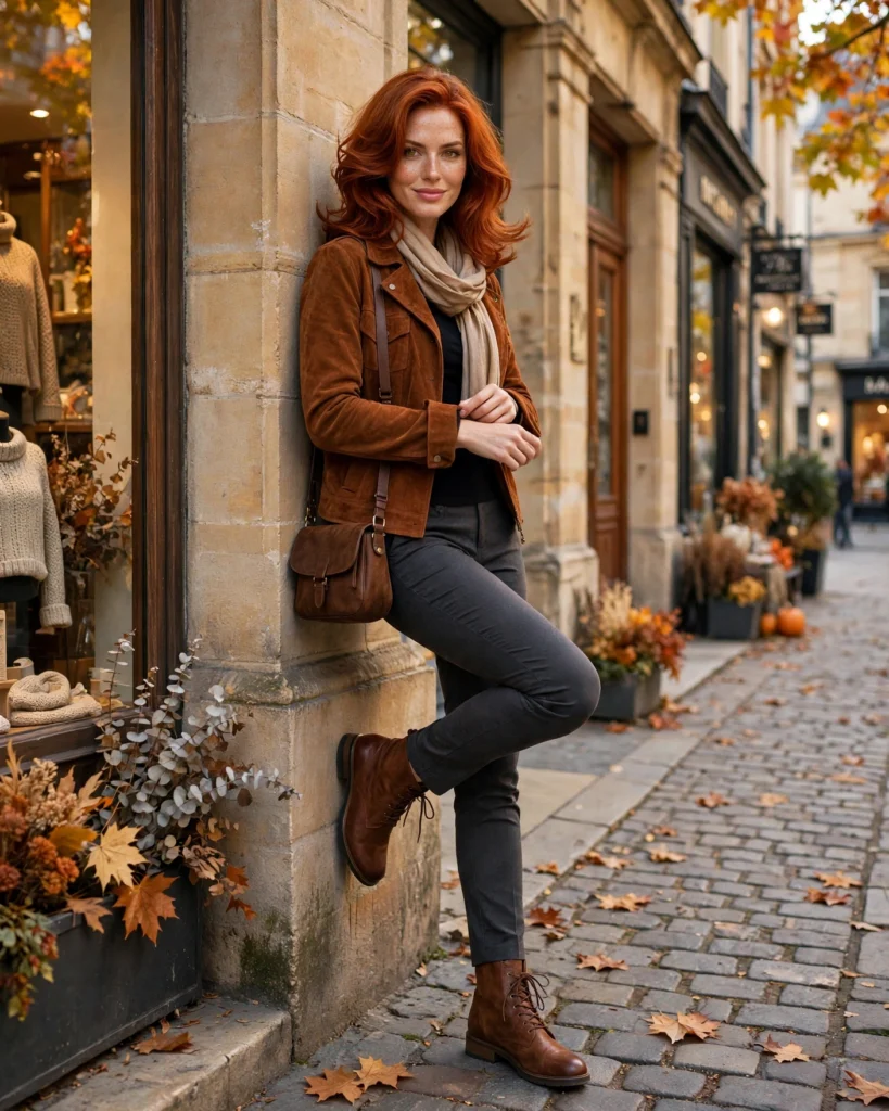 Autumn City-Walk Outfit with a Suede Jacket Fall Travel Outfit