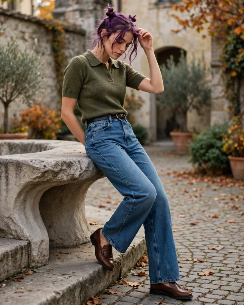 Barrel-Leg Jeans with a Knit Polo Fall Jeans Outfit
