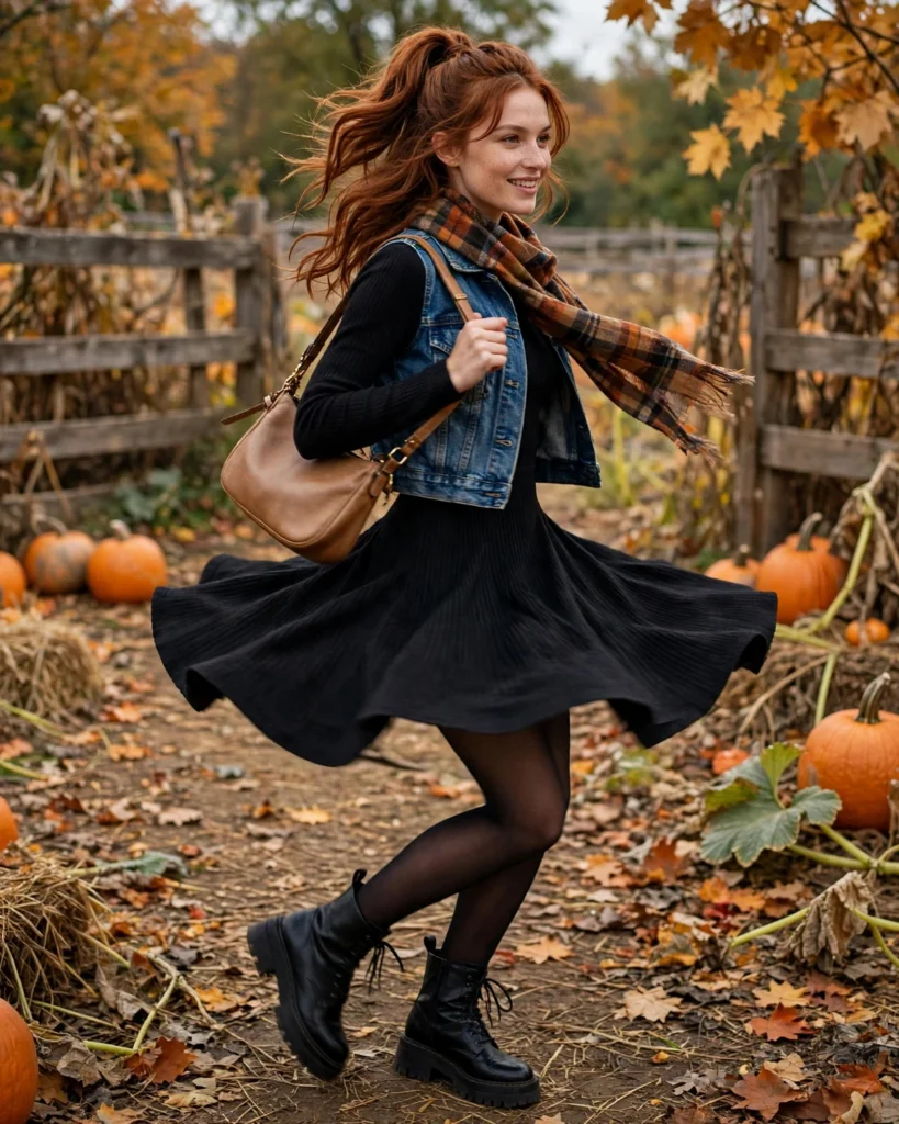21 Pumpkin Patch Outfits with Black Boots: Cute & Chic Fall Looks 8 Black Mini Dress with Chunky Black Boots Pumpkin Patch Outfit with Black Boots