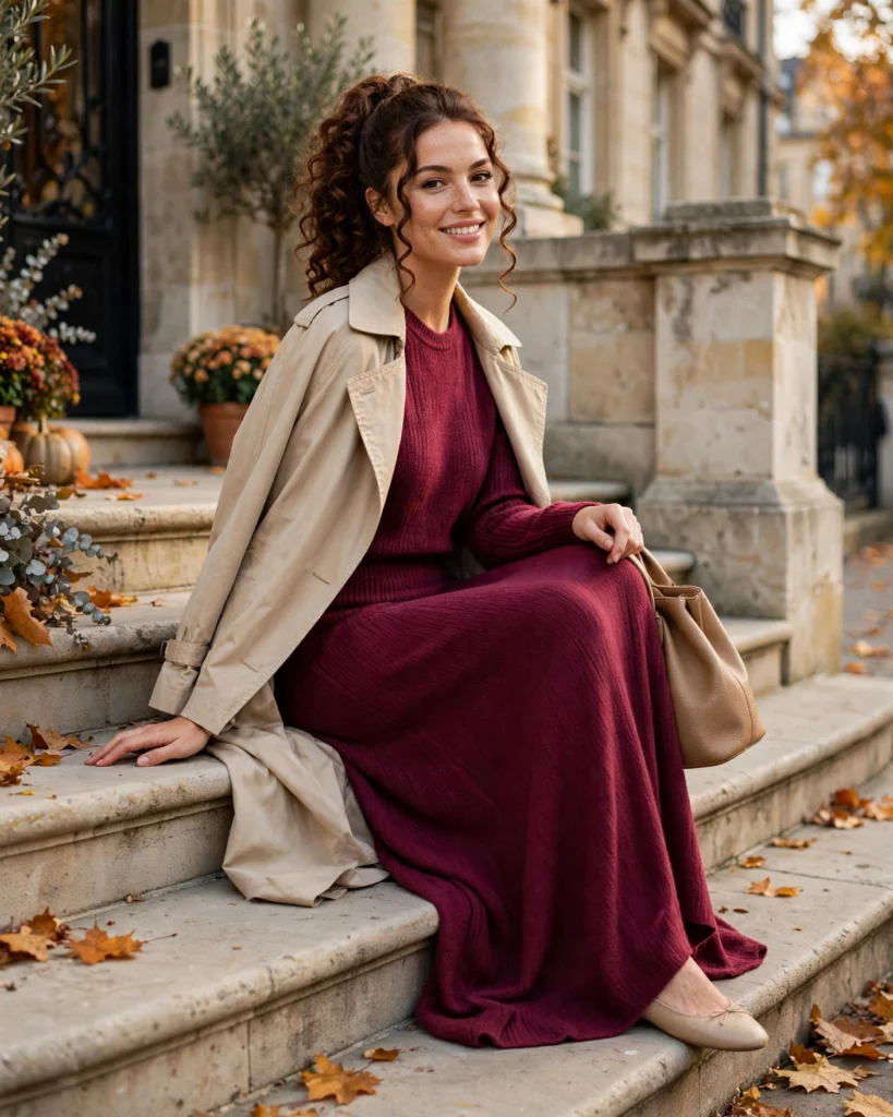 22 Modest Fall Outfits: Elegant and Chic Looks for Every Occasion 8 Coordinated Knit Set with a Lightweight Trench Modest Fall Outfit
