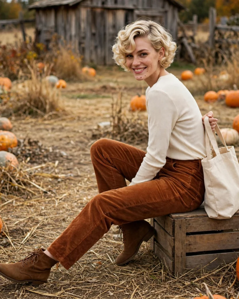 Corduroy Trousers with a Cream Top Pumpkin Patch Outfit