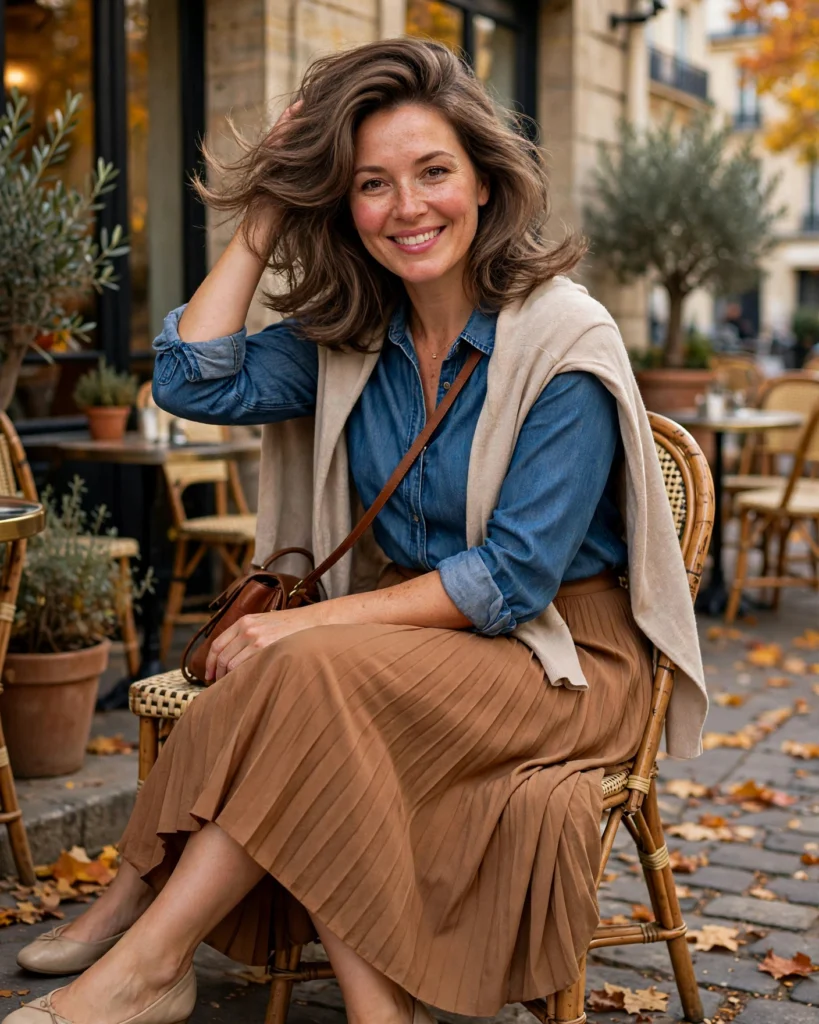 20 Fall Mom Outfits 2026: Cozy, Chic & Casual Ideas 8 Weekend Mom Outfit with a Denim Shirt and a Pleated Midi Skirt Fall Mom Outfit