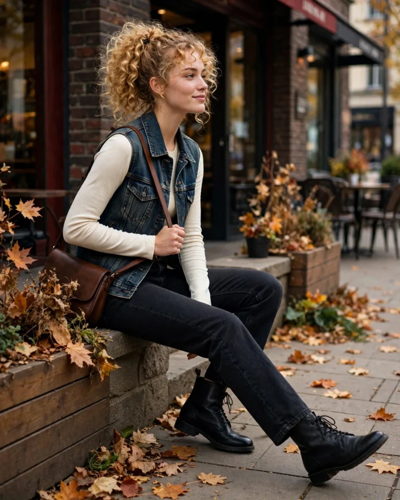 Denim Vest with a Long-Sleeved Top Fall Vest Outfit