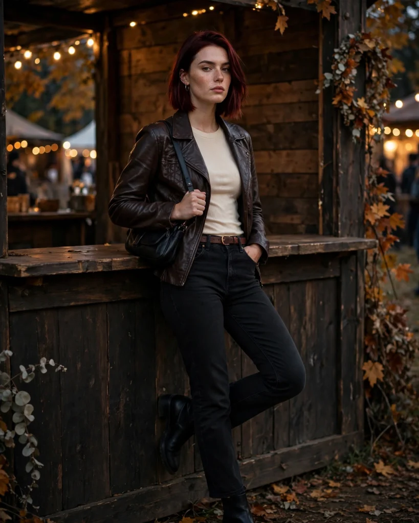 21 Fall Festival Outfits for Women: Cute & Chic Looks for Autumn 8 Faux-Leather Jacket with Black Jeans Fall Festival Outfit