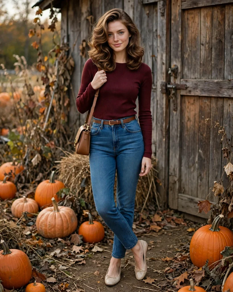 Mom Jeans with a Fitted Long-Sleeve Top Pumpkin Patch Outfit with Jeans