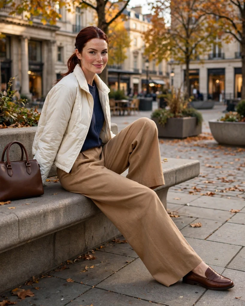 21 Must-Have Fall Outfits: Chic Looks to Wear All Season 8 Navy Sweater with Camel Wide-Leg Pants Must-Have Fall Outfit