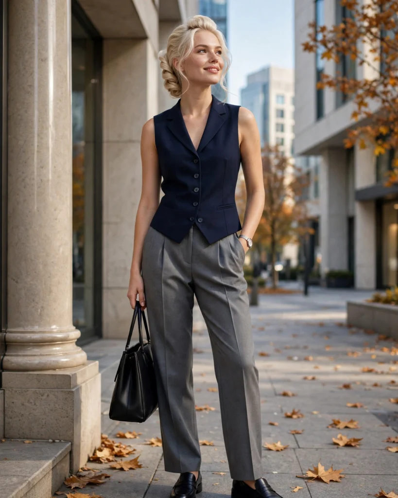 21 Nice Fall Outfits for 2026: Chic, Classy & Effortless Looks 7 Navy Tailored Vest with Gray Pleated Trousers Nice Fall Outfit