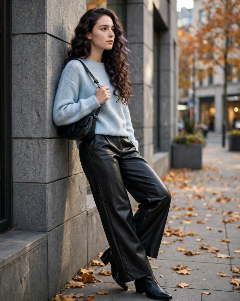 Sweater with Leather-Look Trousers Fall Sweater Outfit