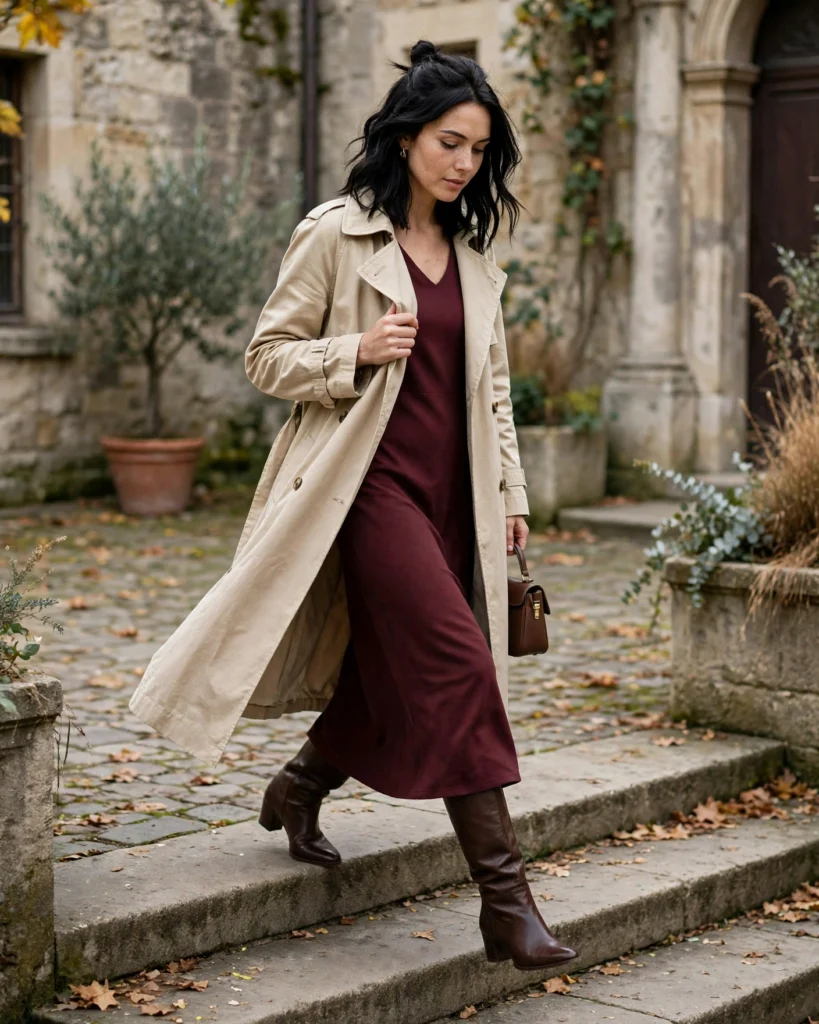 Trench Coat with a Midi Dress Fall Coat Outfit
