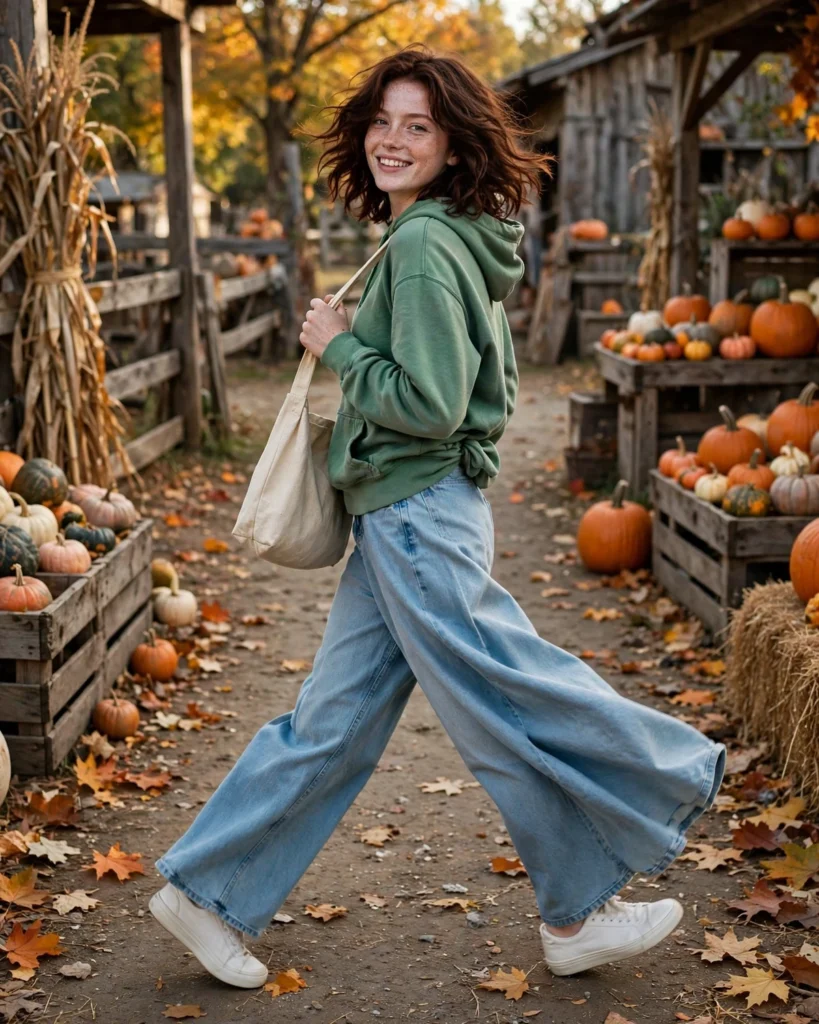 21 Casual Pumpkin Patch Outfits: Cute & Comfortable Fall Looks 8 Wide-Leg Jeans with a Casual Hoodie Casual Pumpkin Patch Outfit