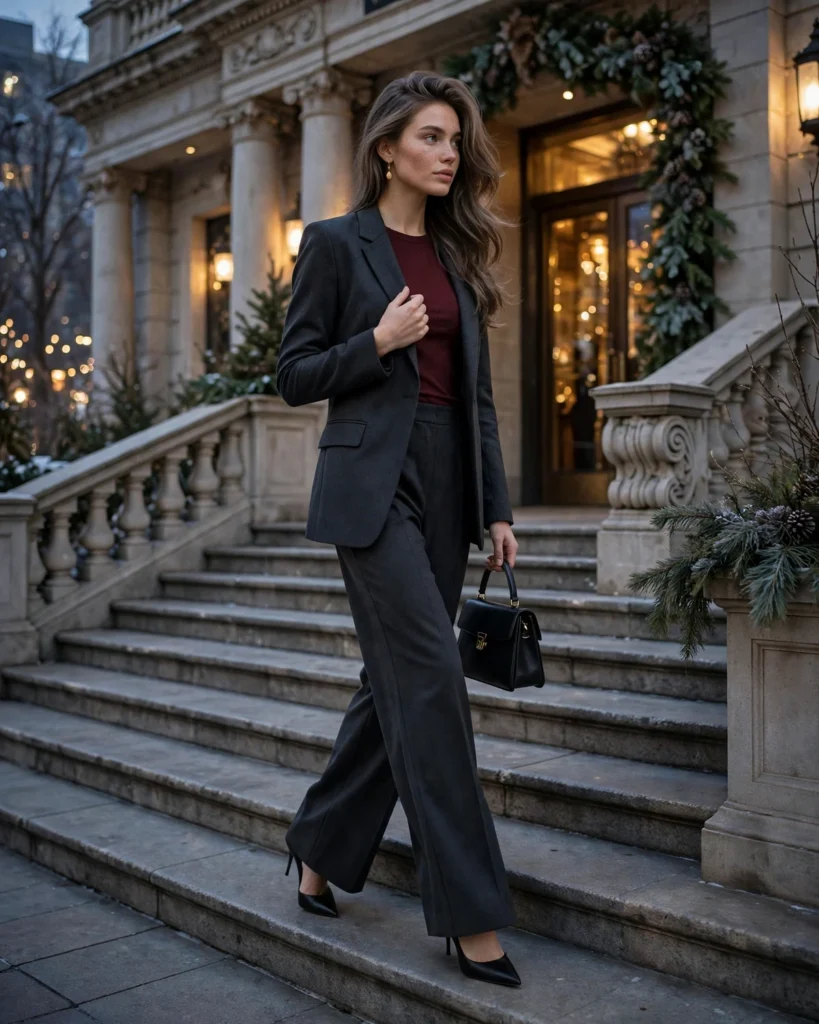 21 Winter Going Out Outfits: Chic Looks for Cold Nights 8 Wide-Leg Trousers with a Fitted Top Winter Going Out Outfit