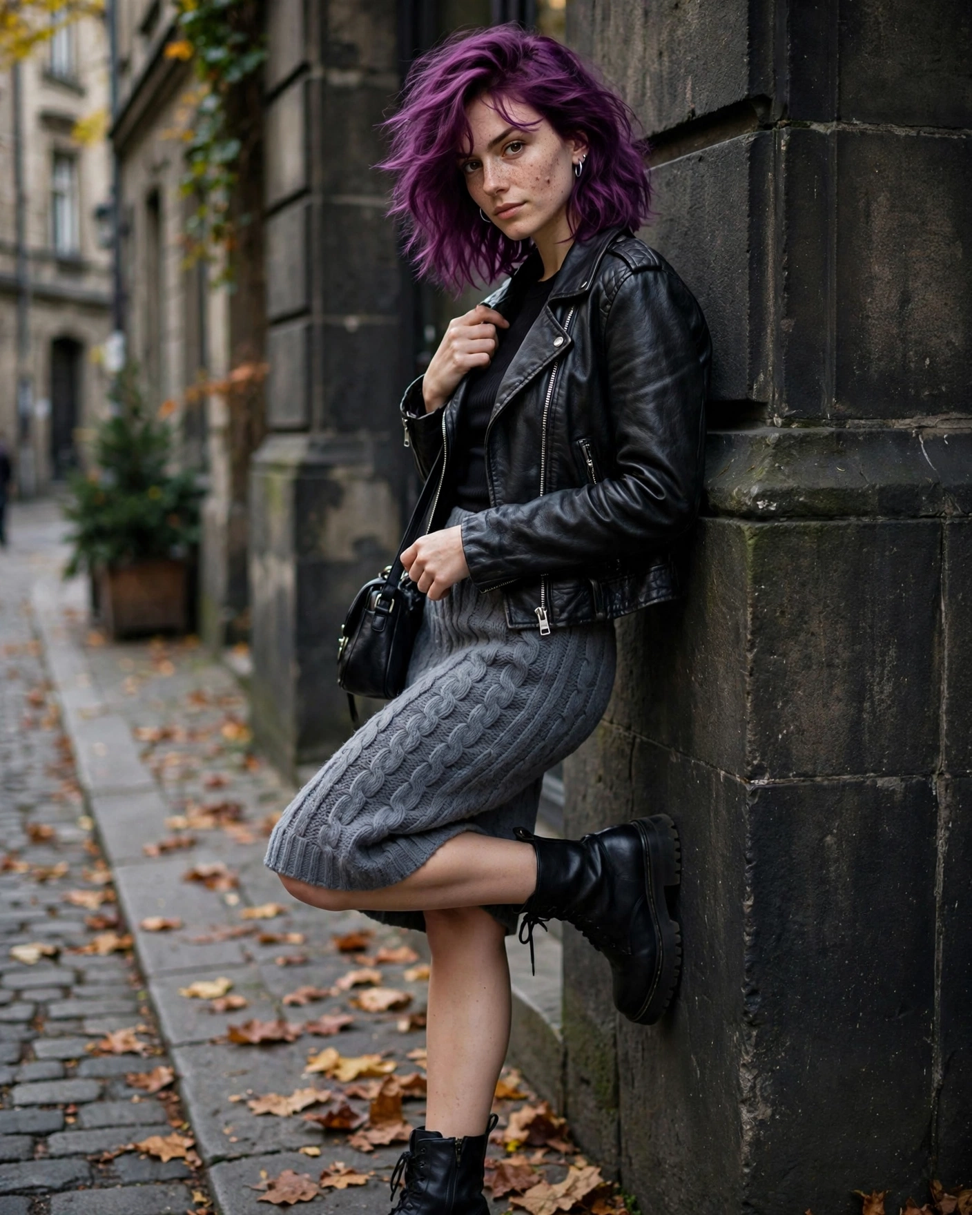20 Knit Skirt Outfits for Fall: Cozy and Chic Looks to Try 9 Chunky Knit Skirt with a Leather Moto Jacket Knit Skirt Fall Outfit