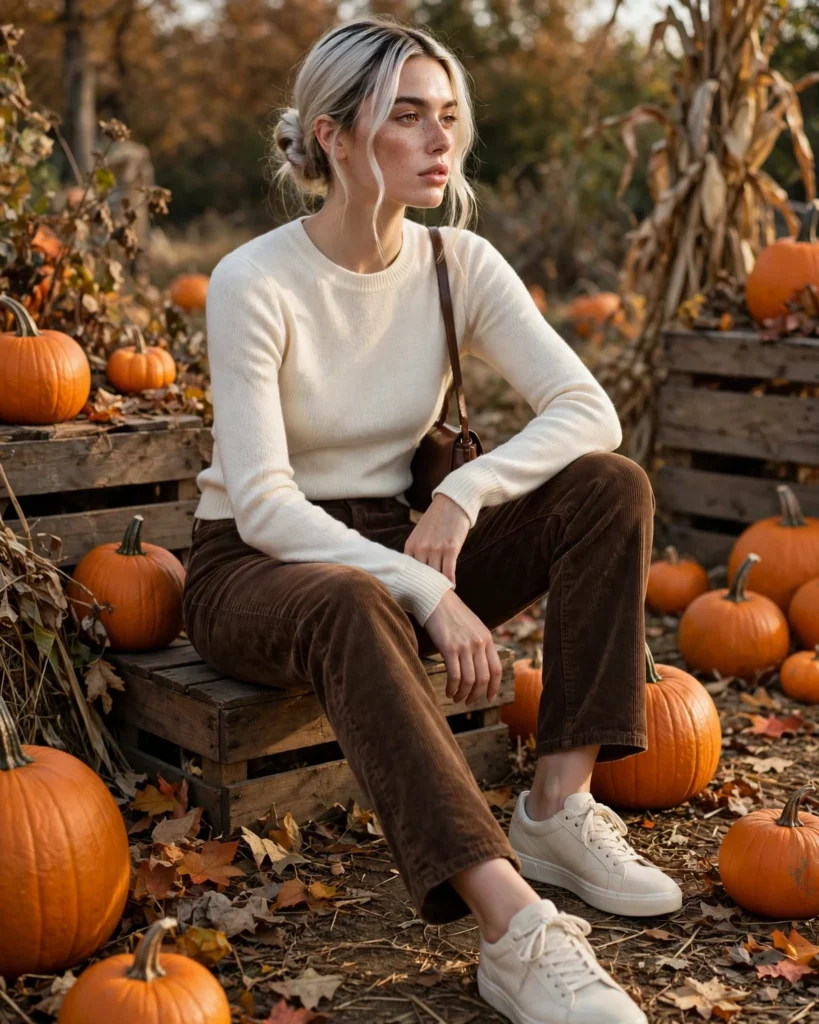 21 Casual Pumpkin Patch Outfits: Cute & Comfortable Fall Looks 9 Corduroy Pants with a Simple Knit Top Casual Pumpkin Patch Outfit