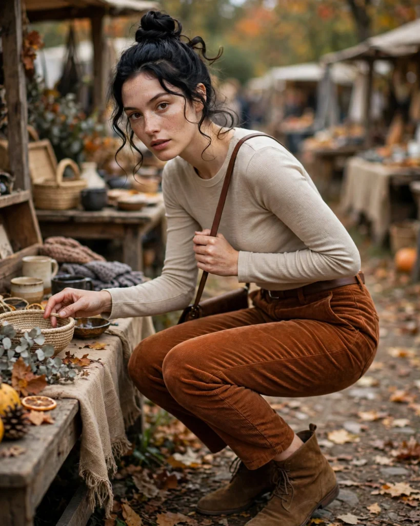 21 Fall Festival Outfits for Women: Cute & Chic Looks for Autumn 9 Corduroy Trousers with a Fitted Top Fall Festival Outfit