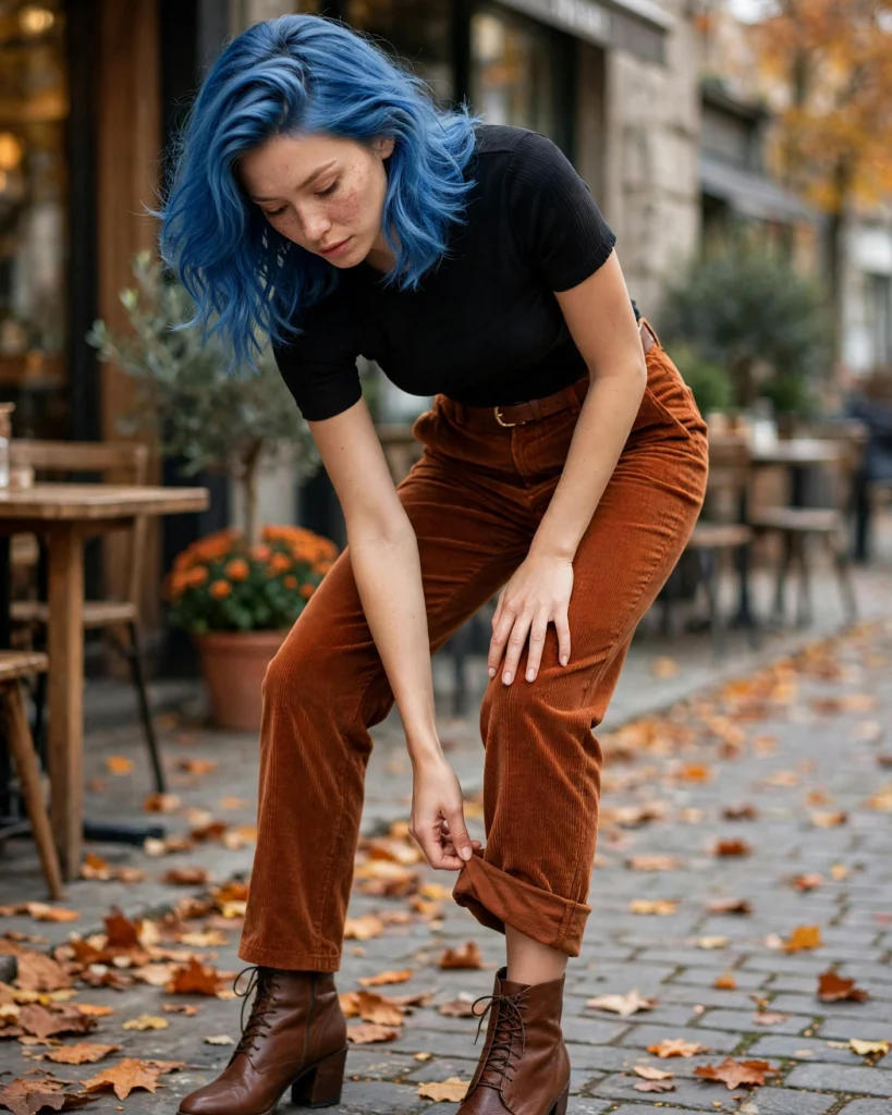 Corduroy Trousers with a Fitted Top Simple Fall Outfit