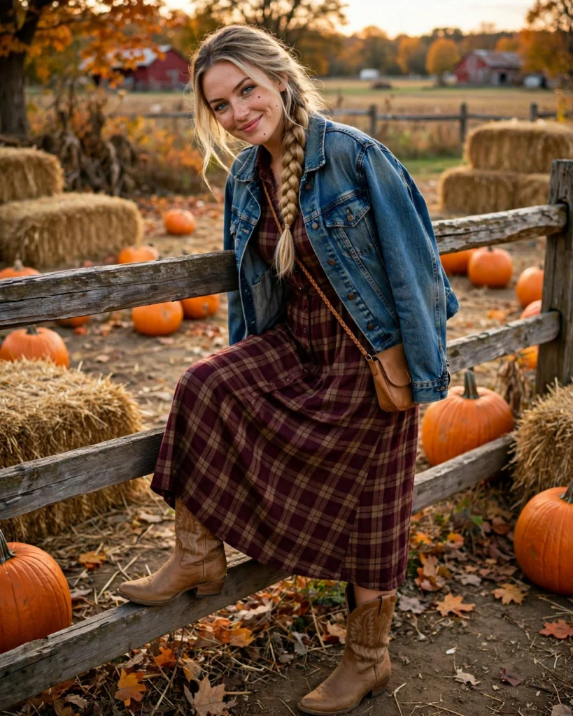 Cowboy Boots with a Plaid Dress Pumpkin Patch Outfit