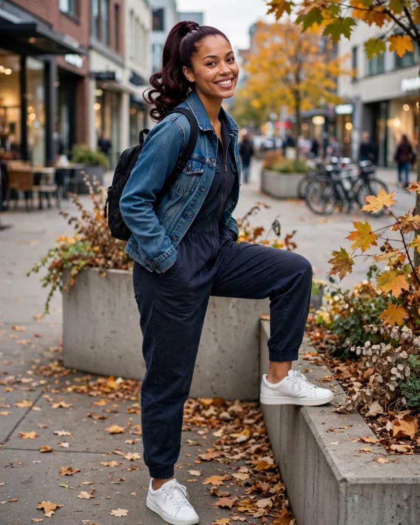 Denim Jacket with a Casual Jumpsuit Casual Fall Outfit