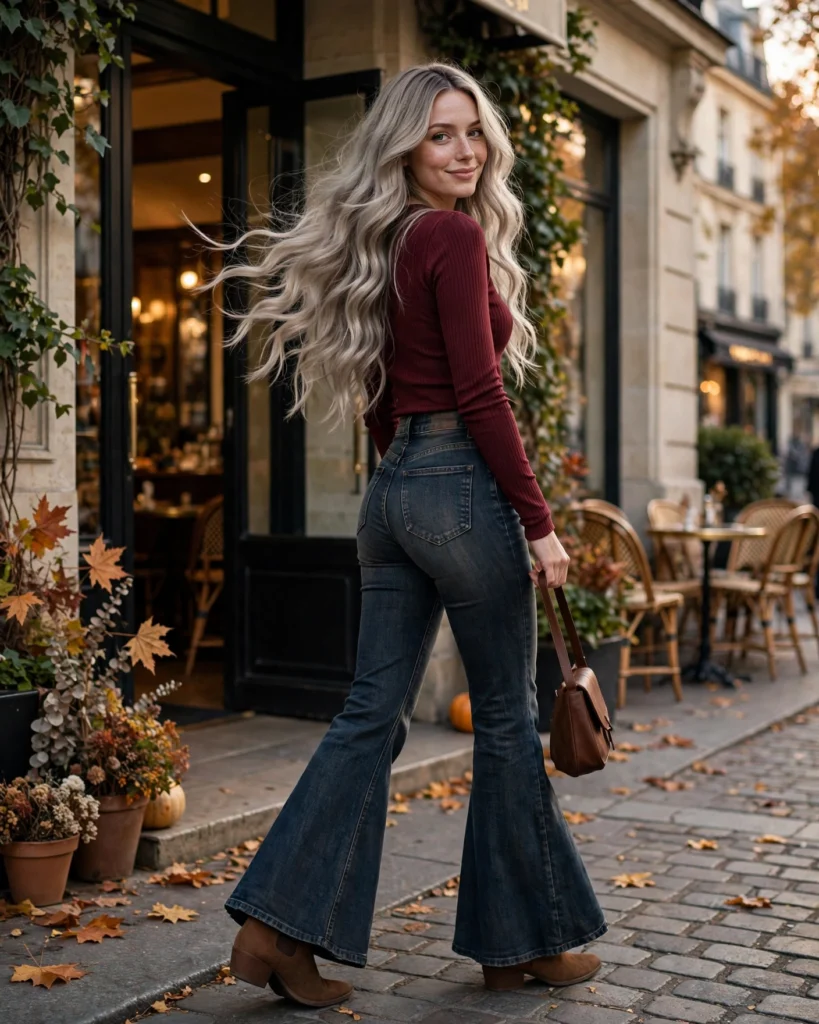 Flared Jeans with Ankle Boots Fall Jeans Outfit