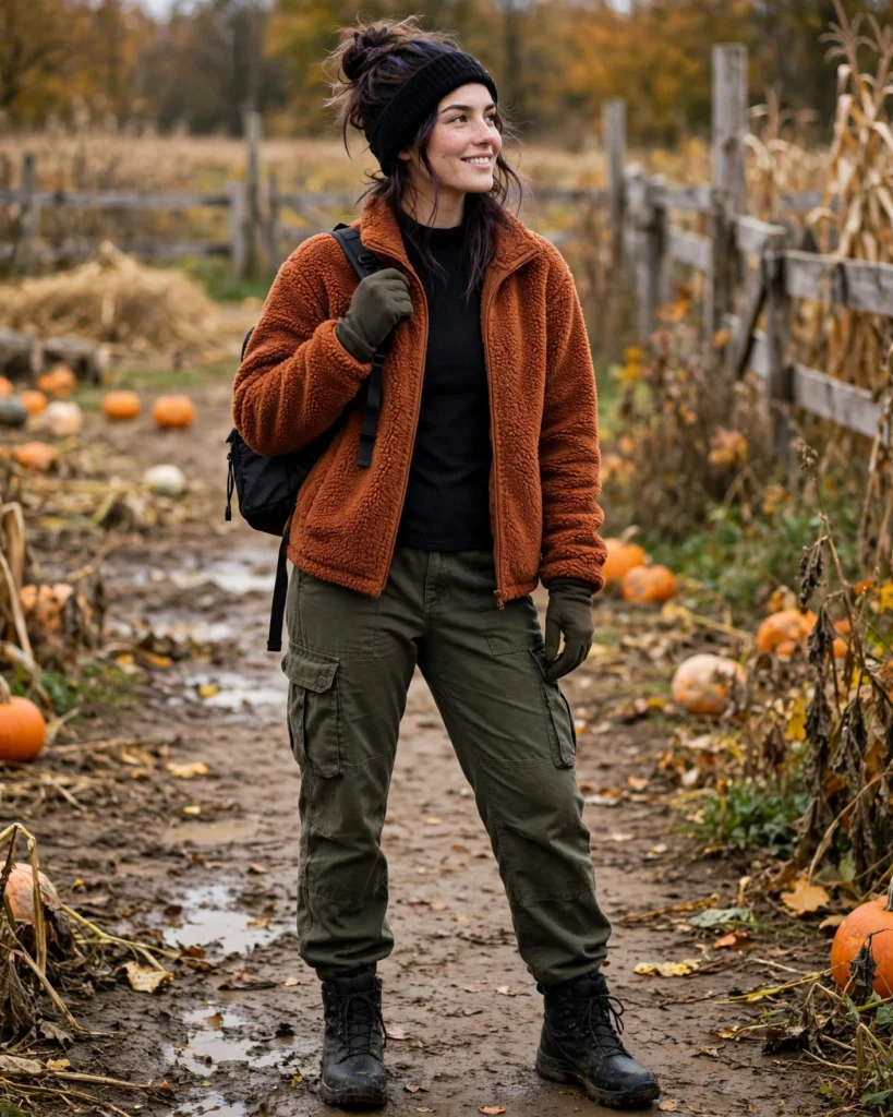Fleece Jacket with a Long-Sleeve Thermal and Cargo Pants Cold Pumpkin Patch Outfit