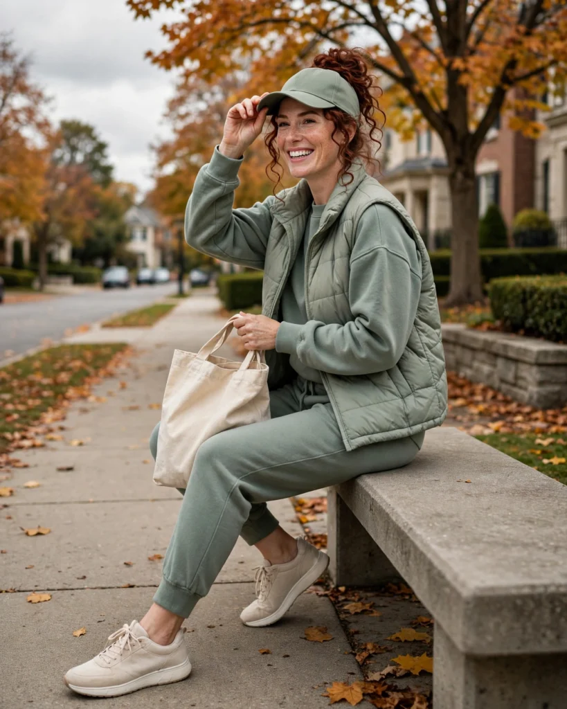 20 Fall Mom Outfits 2026: Cozy, Chic & Casual Ideas 9 Busy Morning Outfit with a Matching Sweatshirt and Joggers Fall Mom Outfit