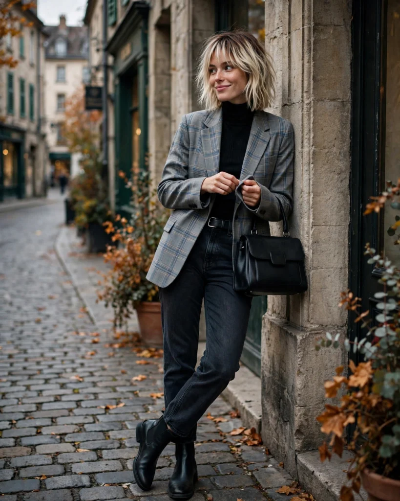 21 Must-Have Fall Outfits: Chic Looks to Wear All Season 9 Plaid Blazer with a Black Turtleneck and Dark Jeans Must-Have Fall Outfit