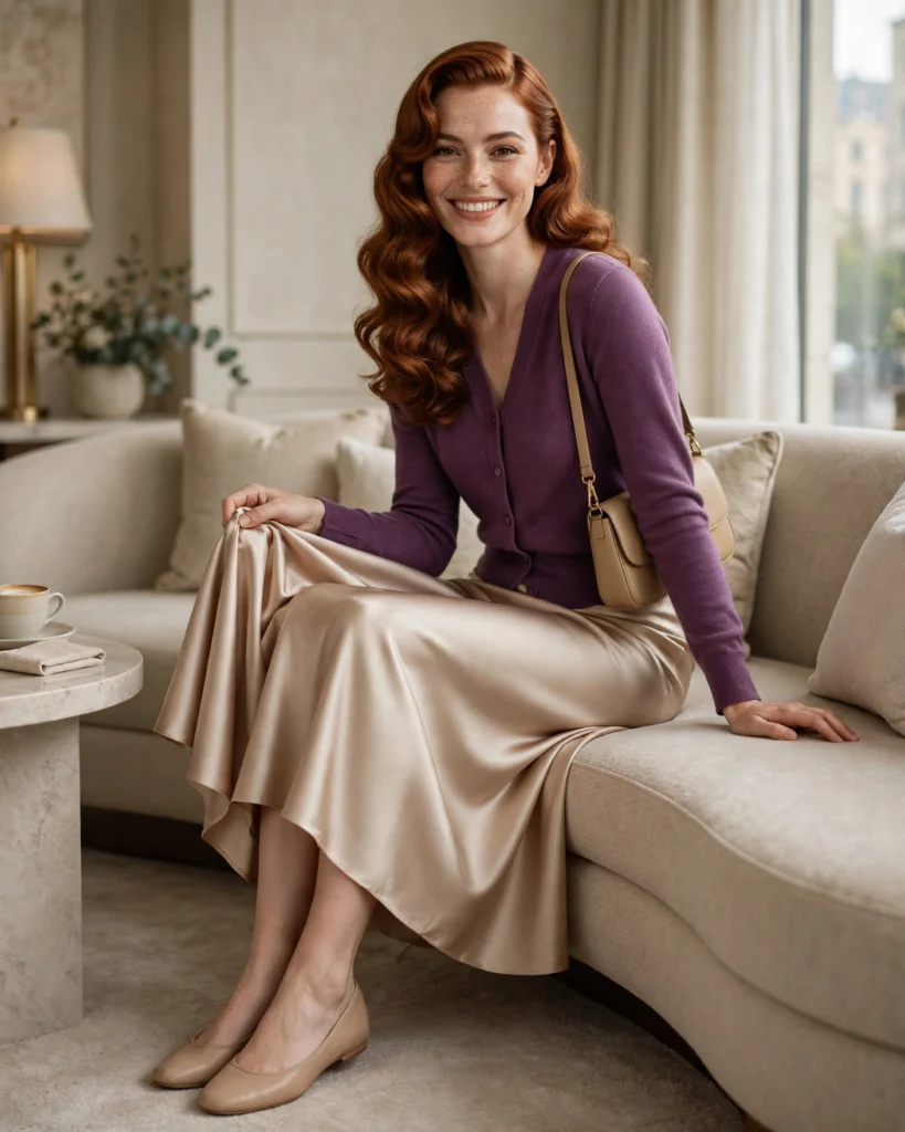 21 Nice Fall Outfits for 2026: Chic, Classy & Effortless Looks 8 Plum Cardigan with a Champagne Satin Midi Skirt Nice Fall Outfit