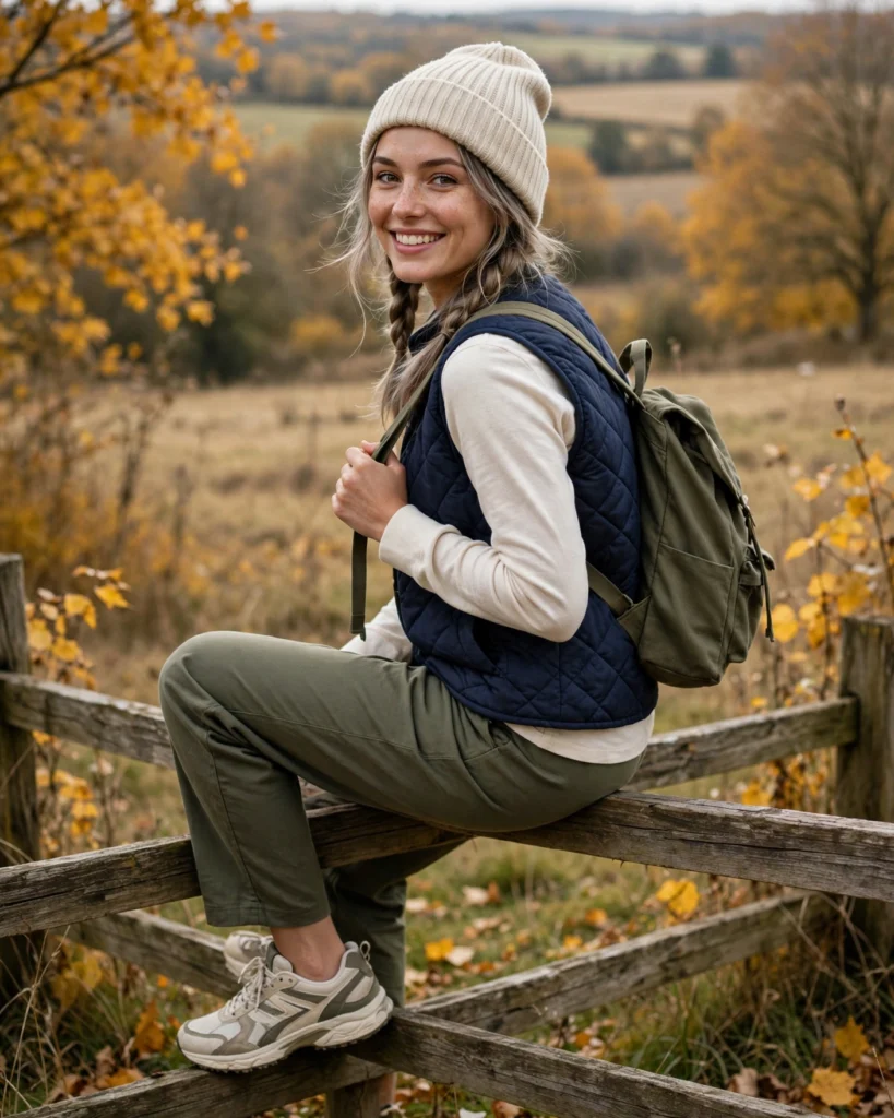 Weekend Getaway Outfit with a Quilted Vest and Practical Layers Fall Travel Outfit