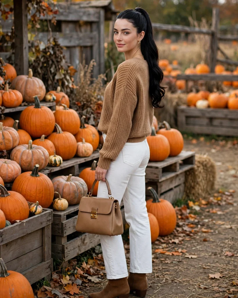 White Jeans with a Camel Sweater Pumpkin Patch Outfit with Jeans