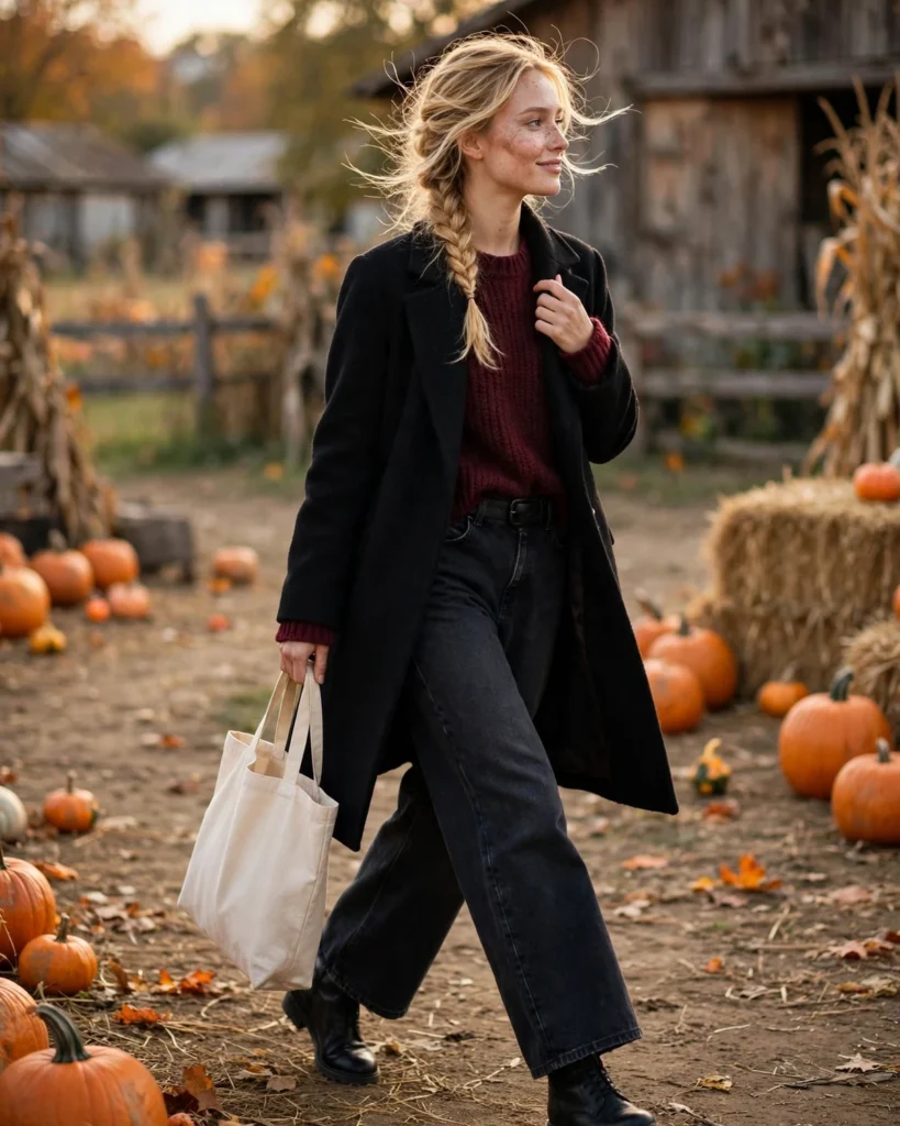 21 Pumpkin Patch Outfits with Black Boots: Cute & Chic Fall Looks 9 Wide-Leg Jeans with a Burgundy Sweater Pumpkin Patch Outfit with Black Boots