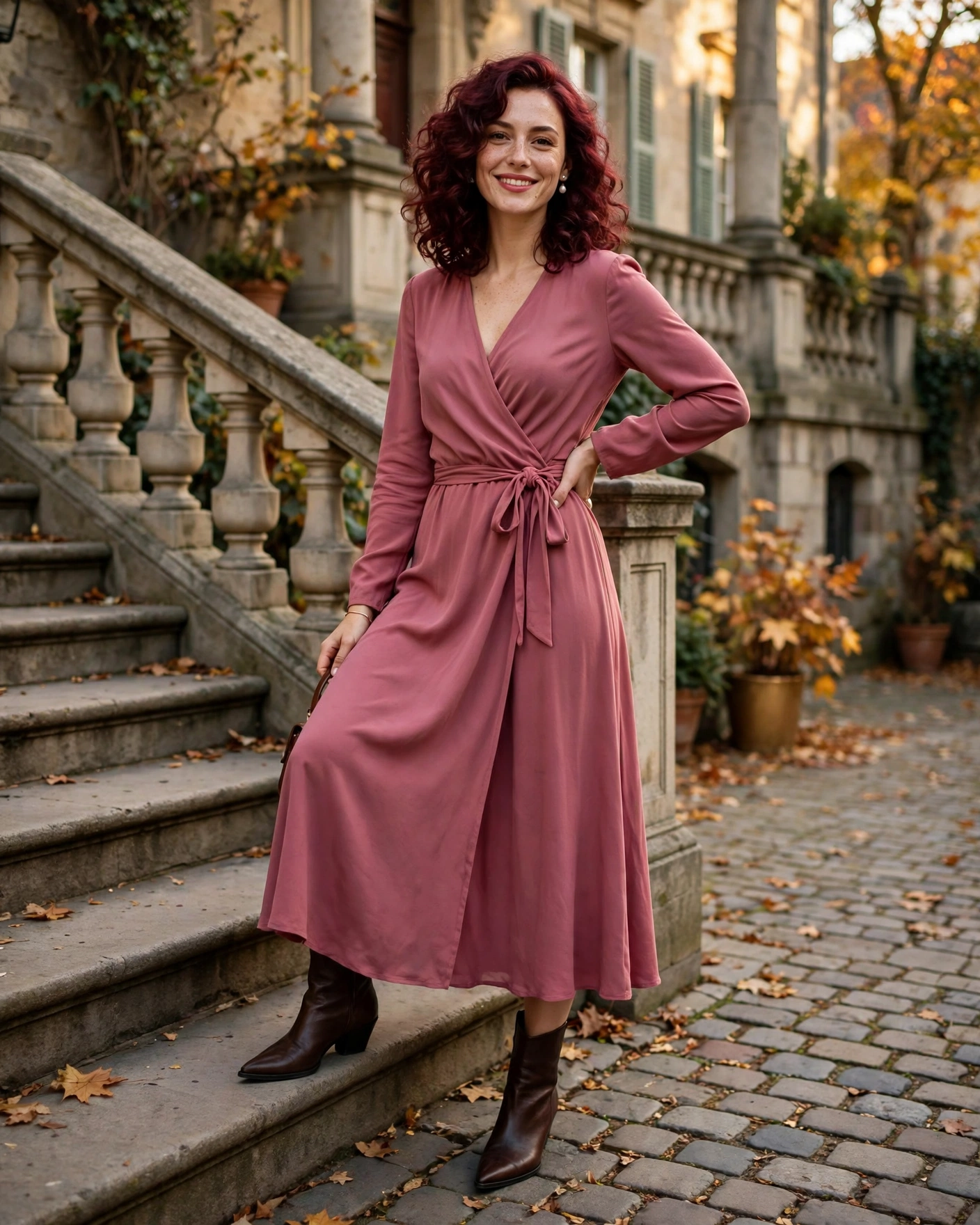 22 Classy Fall Outfits for Women: Elegant Looks to Wear This Season 9 Wrap Dress with Pointed Boots Classy Fall Outfit