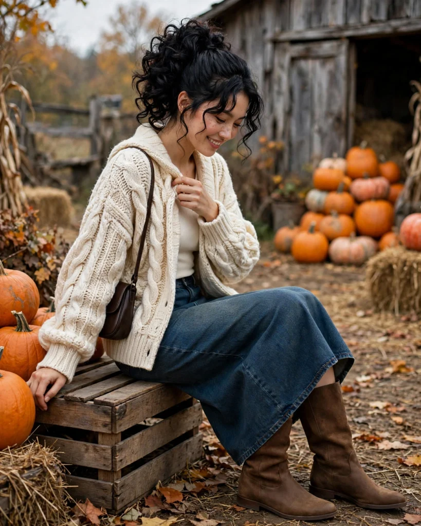 Chunky Cardigan with a Denim Skirt Pumpkin Patch Outfit