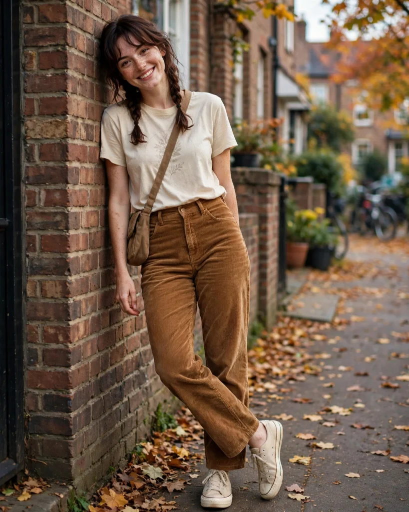 Corduroy Pants with a Simple Graphic Tee Casual Fall Outfit