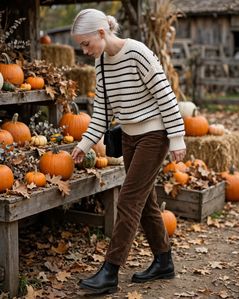 21 Pumpkin Patch Outfits with Black Boots: Cute & Chic Fall Looks 10 Corduroy Pants with a Striped Sweater Pumpkin Patch Outfit with Black Boots