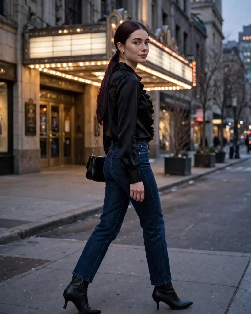 21 Winter Going Out Outfits: Chic Looks for Cold Nights 10 Dark Denim with a Dressy Blouse Winter Going Out Outfit