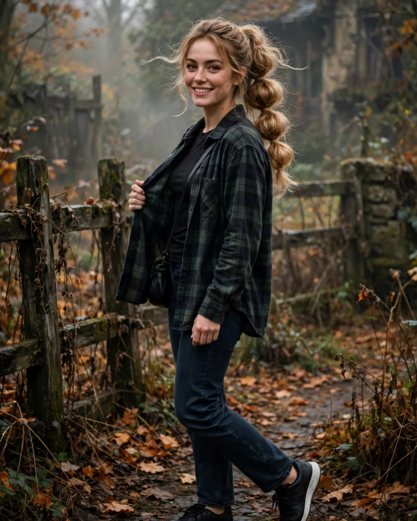 21 Haunted House Outfits for Women: Cute, Spooky & Comfortable Ideas 9 Dark Denim with a Flannel Shirt Haunted House Outfit