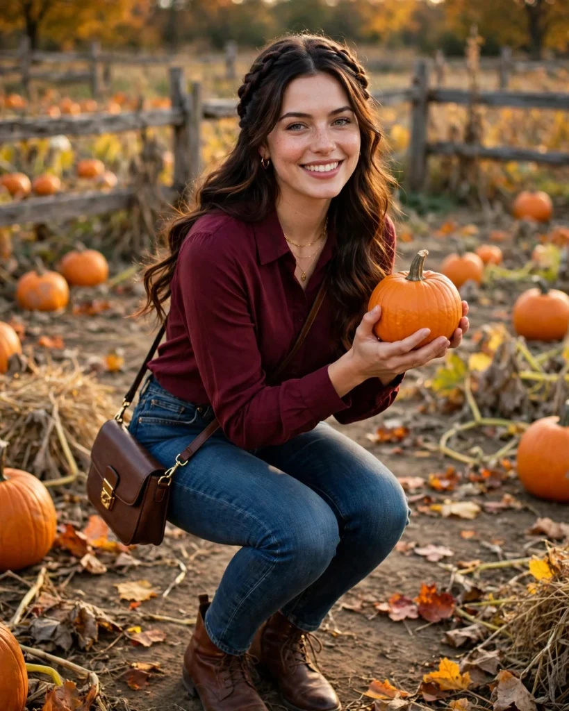 Dark-Wash Jeans with a Burgundy Top Pumpkin Patch Outfit with Jeans
