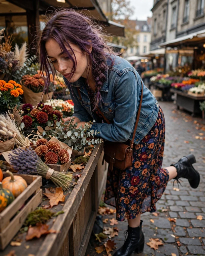 Denim Jacket with a Floral Midi Dress Cozy Autumn Outfit