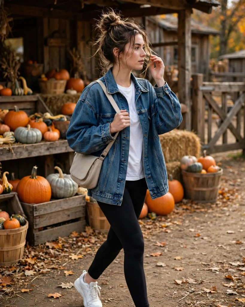 21 Casual Pumpkin Patch Outfits: Cute & Comfortable Fall Looks 10 Denim Jacket with a Neutral T-Shirt and Leggings Casual Pumpkin Patch Outfit
