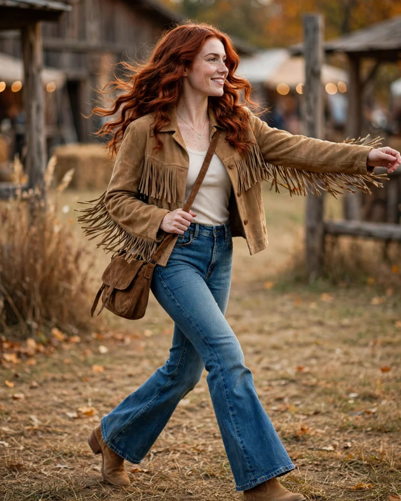 21 Fall Festival Outfits for Women: Cute & Chic Looks for Autumn 10 Fringe Jacket with Flared Jeans Fall Festival Outfit