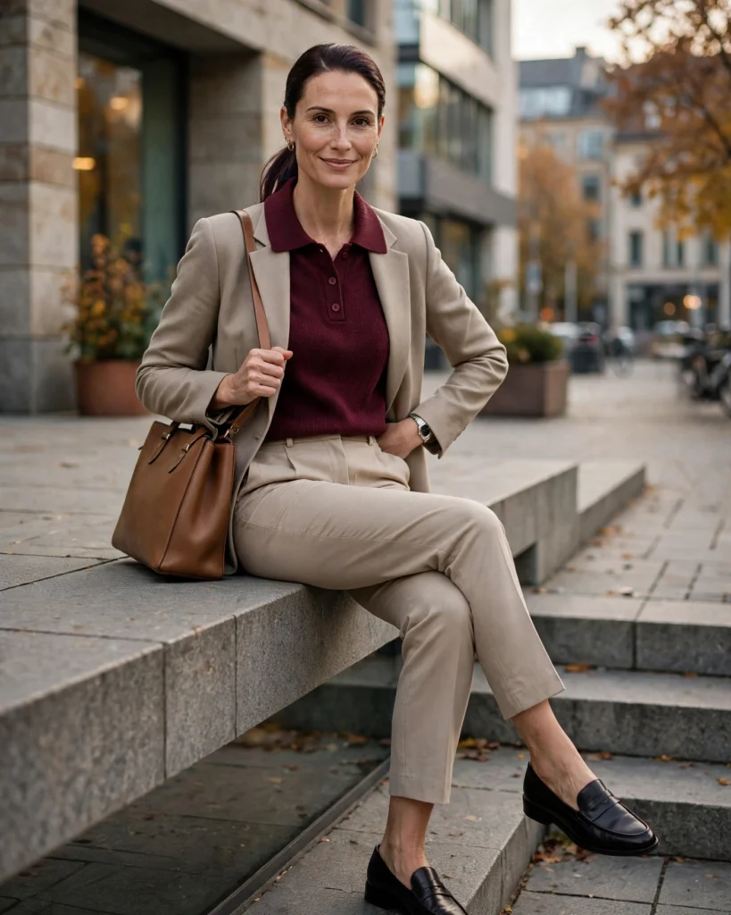 20 Fall Mom Outfits 2026: Cozy, Chic & Casual Ideas 10 Casual Office Outfit with a Knit Polo and Tailored Ankle Pants Fall Mom Outfit