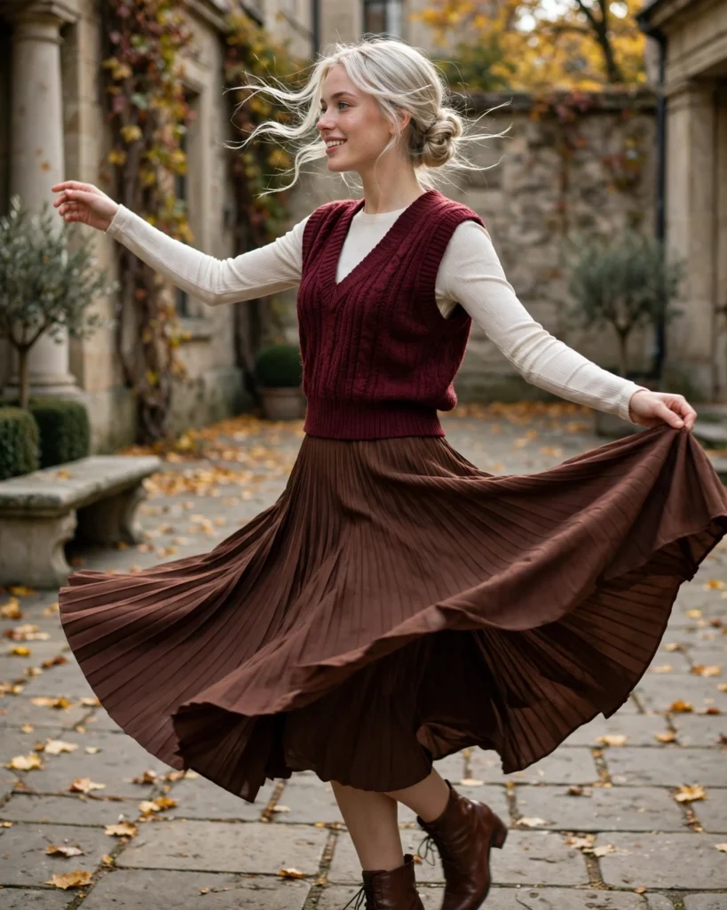 Knit Vest with a Pleated Midi Skirt Fall Vest Outfit