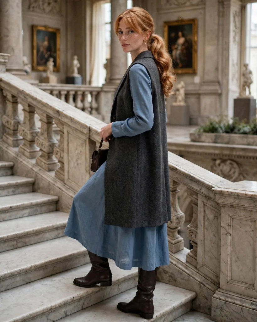 22 Modest Fall Outfits: Elegant and Chic Looks for Every Occasion 10 Long Wool Vest over a Midi Dress Modest Fall Outfit