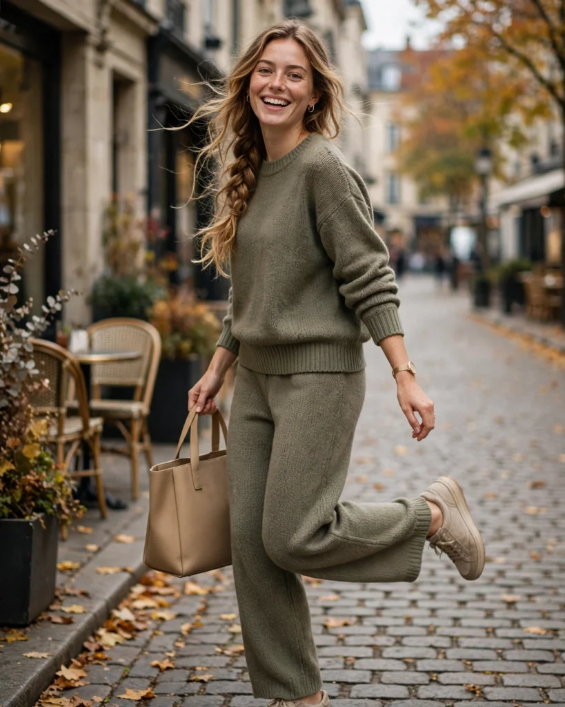 Matching Knit Set with Sneakers Simple Fall Outfit