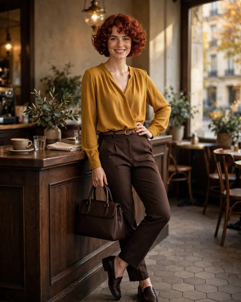 21 Nice Fall Outfits for 2026: Chic, Classy & Effortless Looks 9 Mustard Blouse with Dark Brown Tailored Pants Nice Fall Outfit