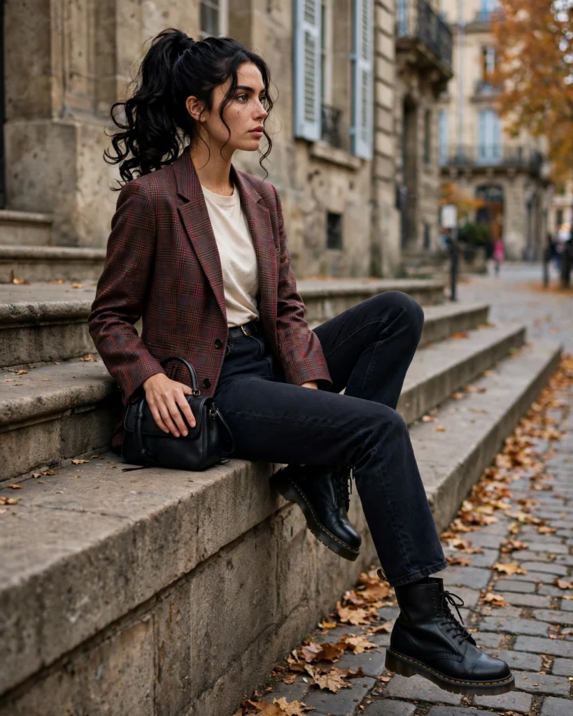 Plaid Blazer with Dark Jeans Doc Martens Fall Outfit