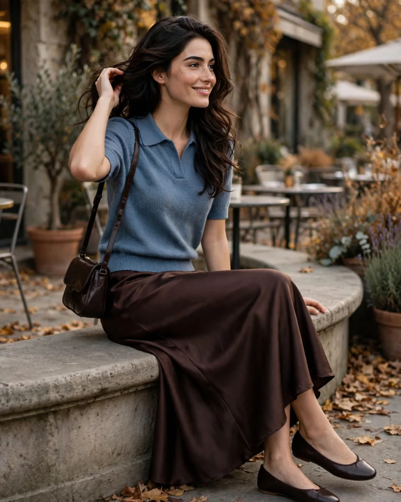21 Must-Have Fall Outfits: Chic Looks to Wear All Season 10 Soft Knit Polo with a Satin Midi Skirt Must-Have Fall Outfit
